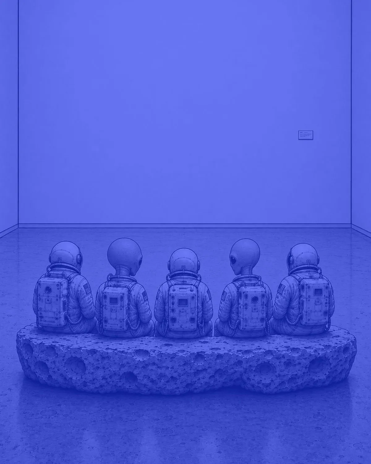 Background design: astronauts and aliens seated on a moon-rock bench in a gallery